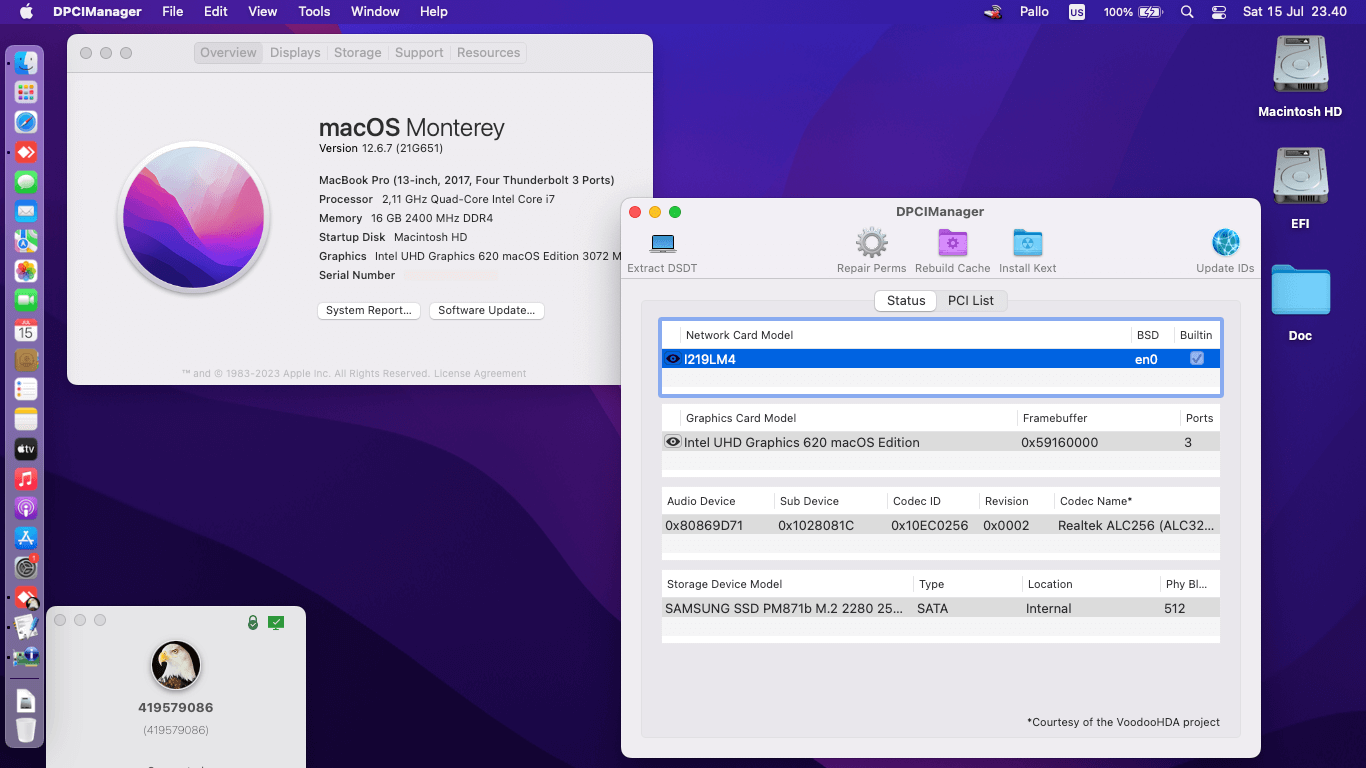 Success Hackintosh macOS Monterey 12.6.7 Build 21G651 in Dell Latitude 7490